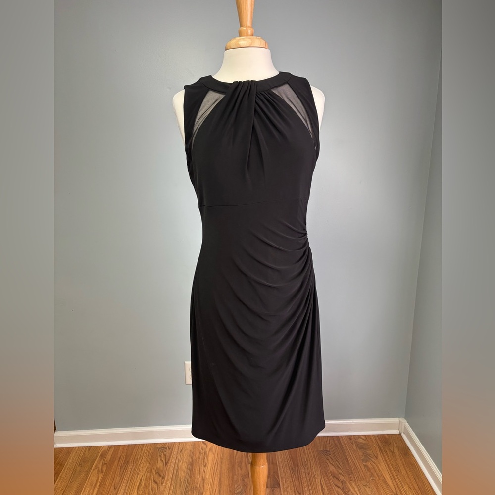 Ralph Lauren Black Sleeveless Ruched Sheath Midi Dress Cocktail NWOT 12